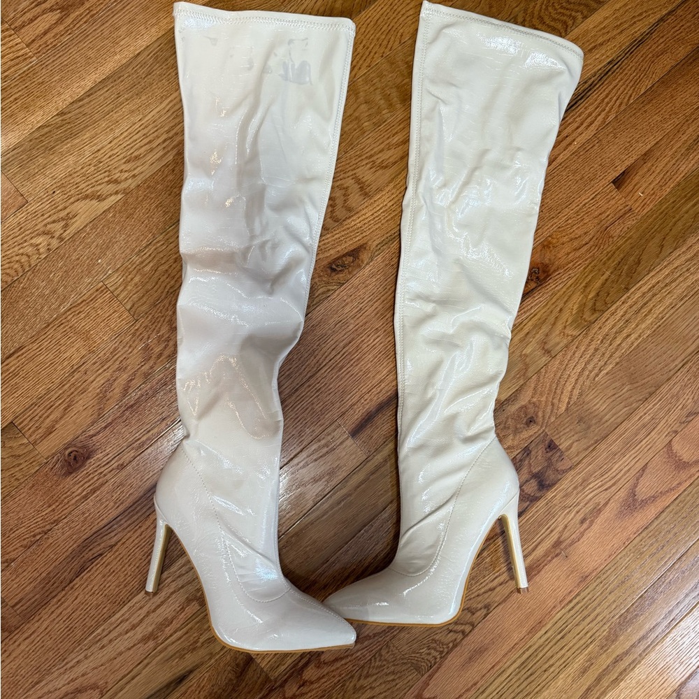 SHEIN Glossy Cream Over-the-Knee Boots